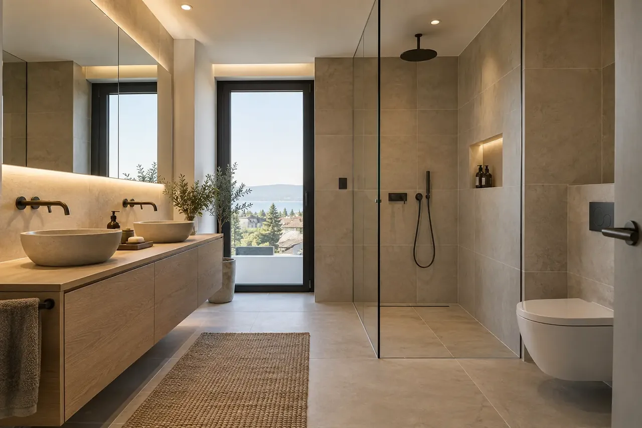 Salle de bain associant bois et pierre — visuel d’ambiance