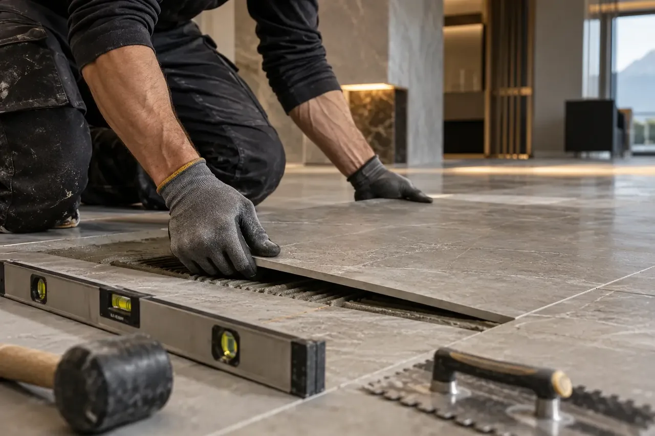 Geste de pose du carrelage — illustration du savoir-faire