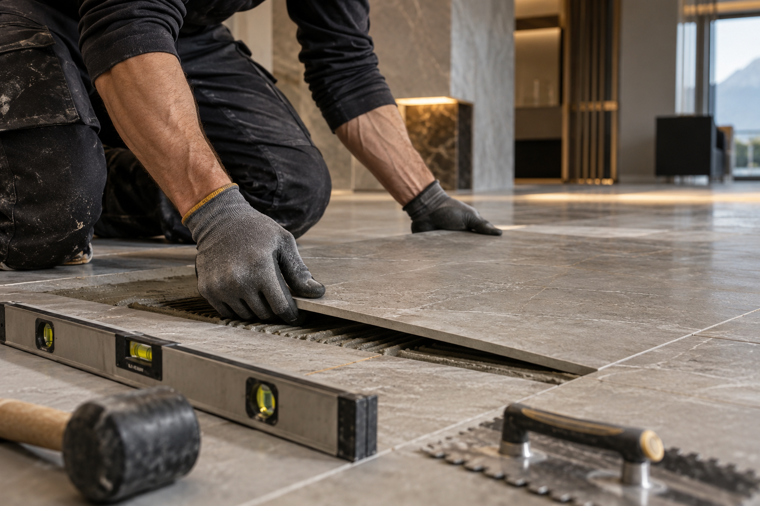 Artisan posant avec précision un carrelage grand format